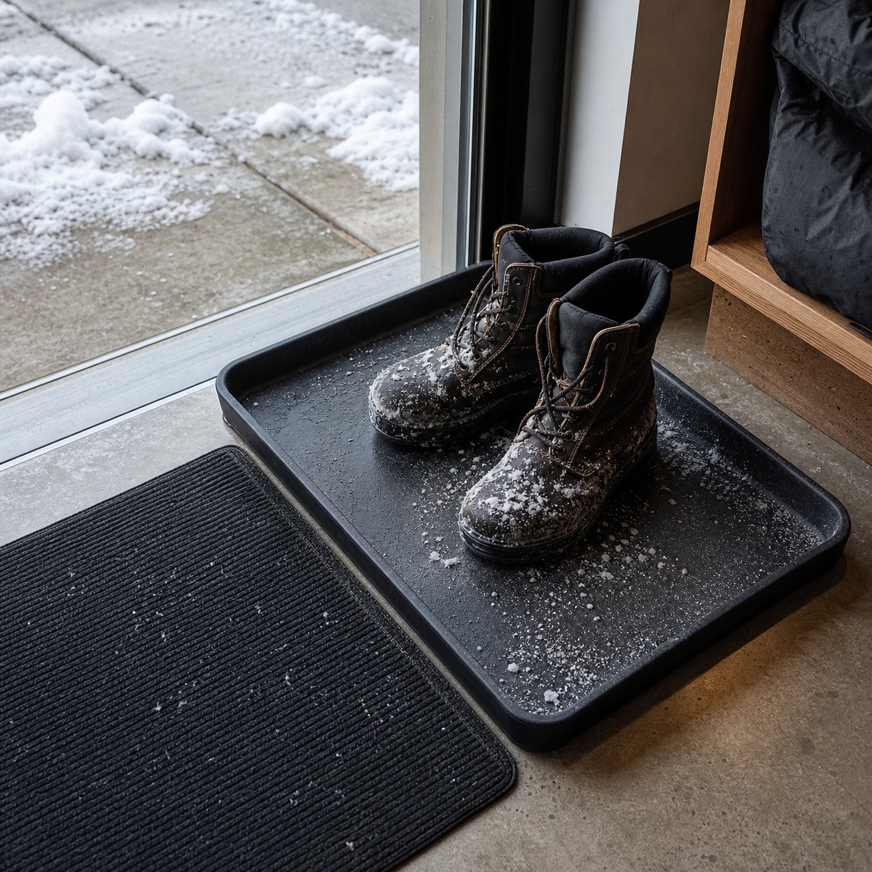 Boot tray and washable mat for wet winter gear at a garage entry.