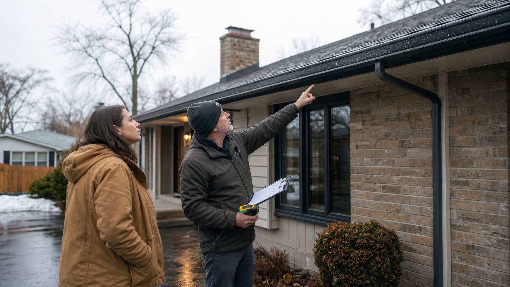 Buyer and inspector checking gutters and roofline during a winter home inspection before buying a house.