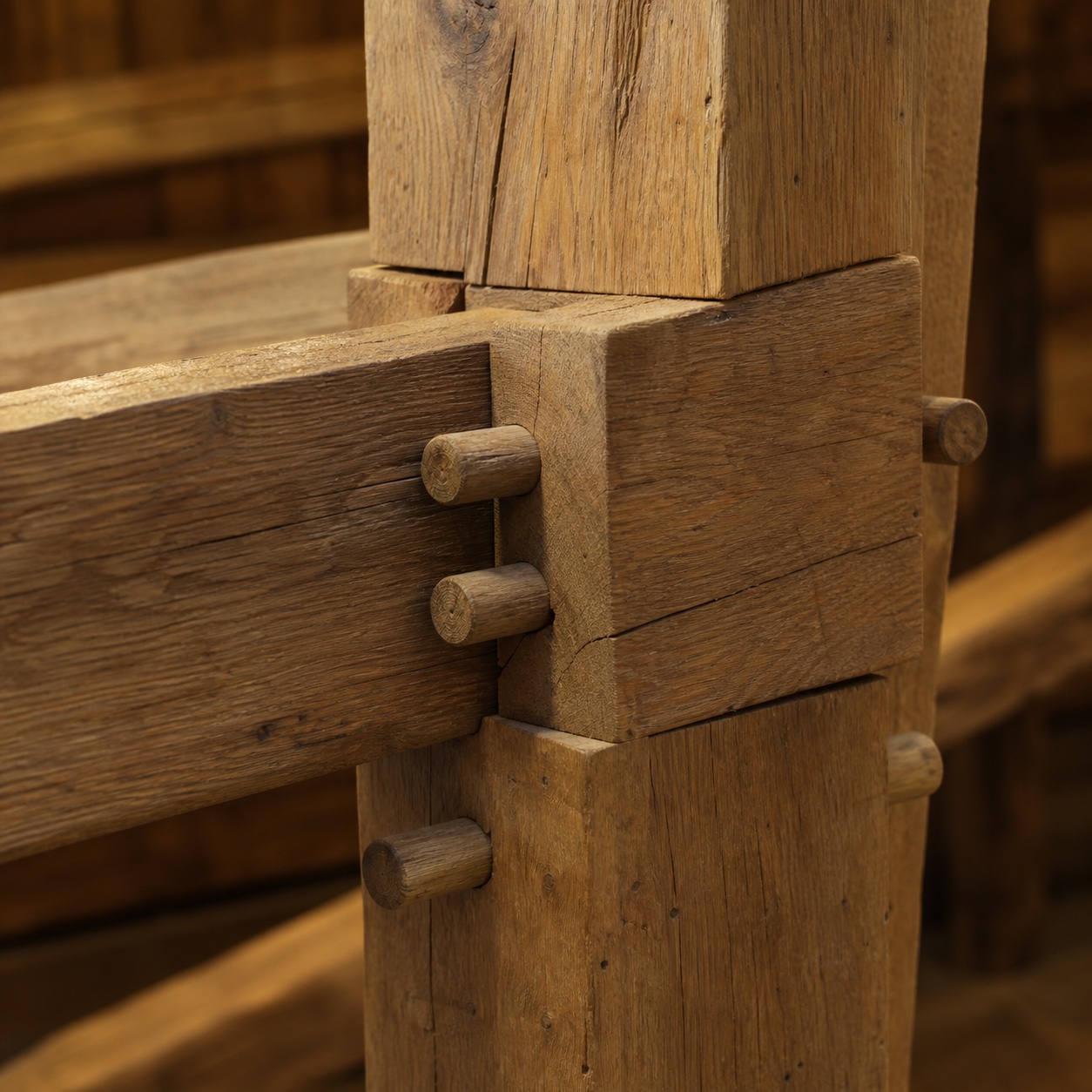 Wooden pegs through a timber scarf joint Wooden pegs driven through a timber scarf joint in warm interior light, showing traditional timber-frame reinforcement. | Sky Rye Design Wooden pegs driven through a timber scarf joint in warm interior light, showing traditional timber-frame reinforcement.