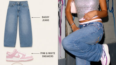 Y2K fashion outfit infographic with sequin tank top, baggy jeans, pink sneakers, shoulder bag, and layered jewelry
