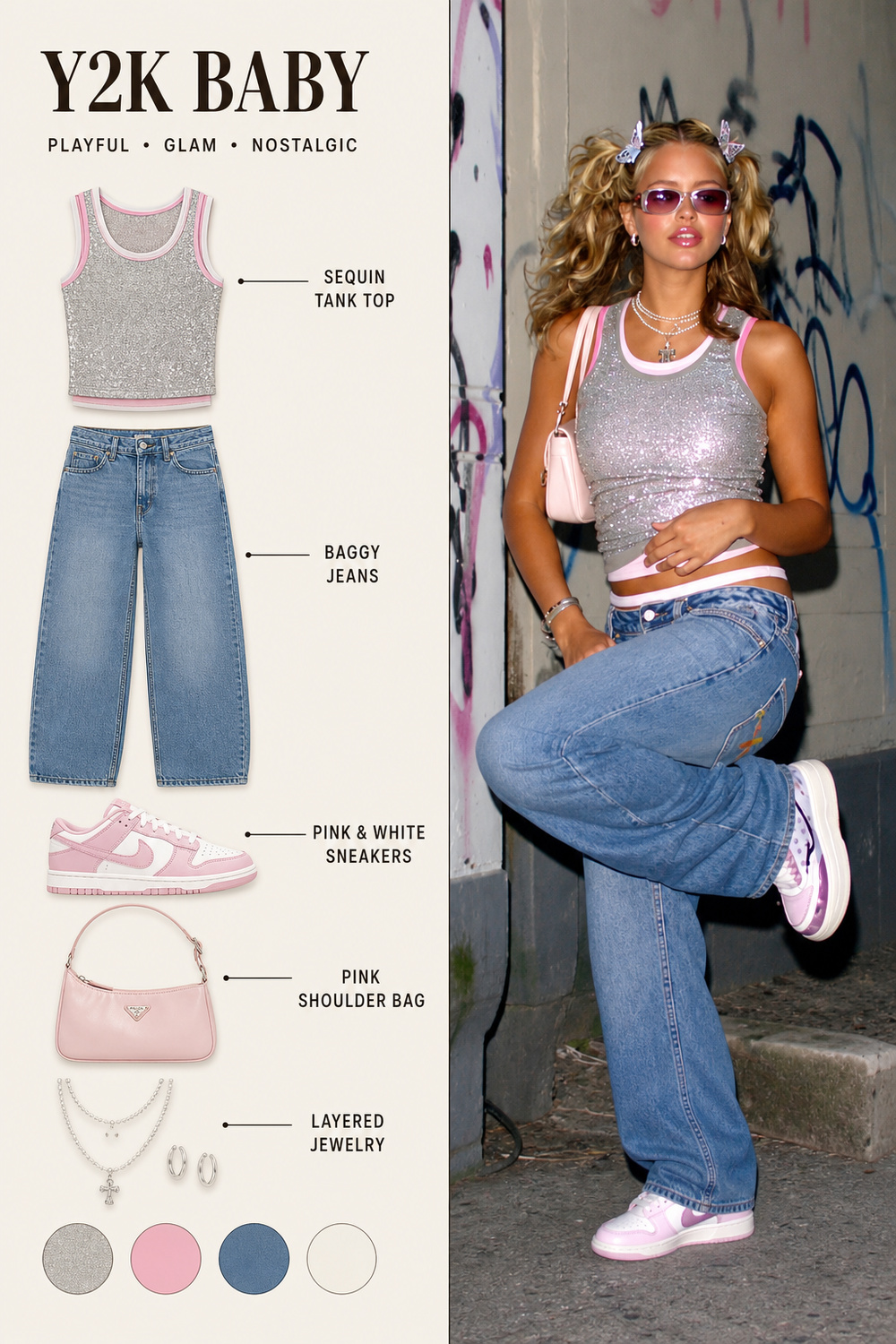 Sparkly denim Y2K outfit infographic Y2K fashion outfit infographic with sequin tank top, baggy jeans, pink sneakers, shoulder bag, and layered jewelry | Sky Rye Design Y2K fashion outfit infographic with sequin tank top, baggy jeans, pink sneakers, shoulder bag, and layered jewelry