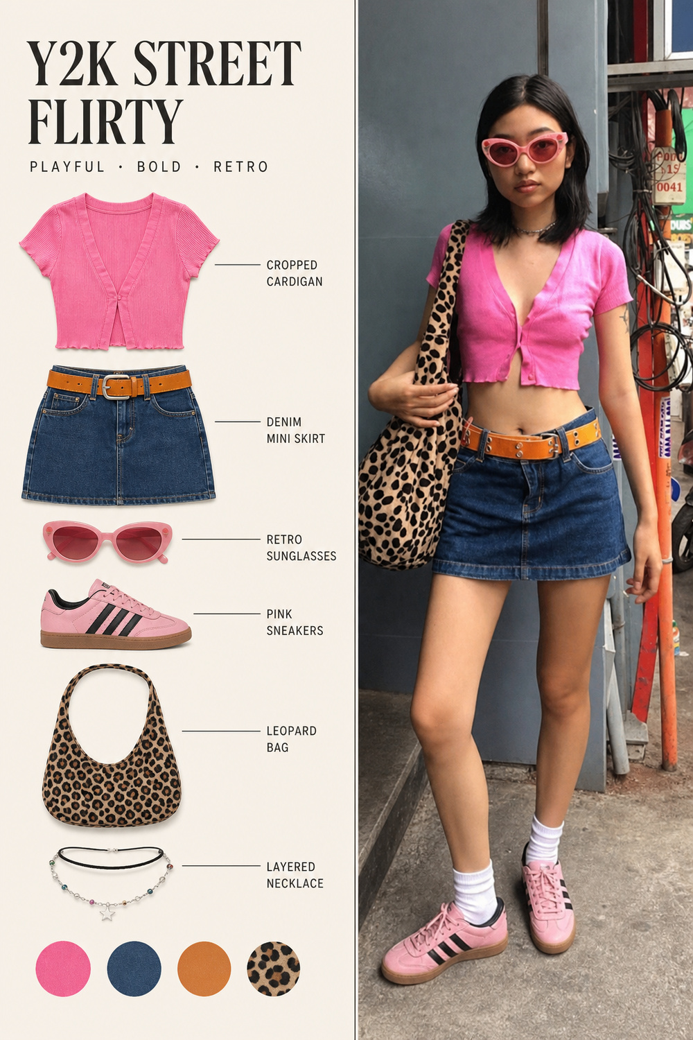 Pink cardigan Y2K outfit infographic Y2K style outfit infographic with pink cropped cardigan, denim mini skirt, leopard bag, pink sneakers, and retro sunglasses | Sky Rye Design Y2K style outfit infographic with pink cropped cardigan, denim mini skirt, leopard bag, pink sneakers, and retro sunglasses