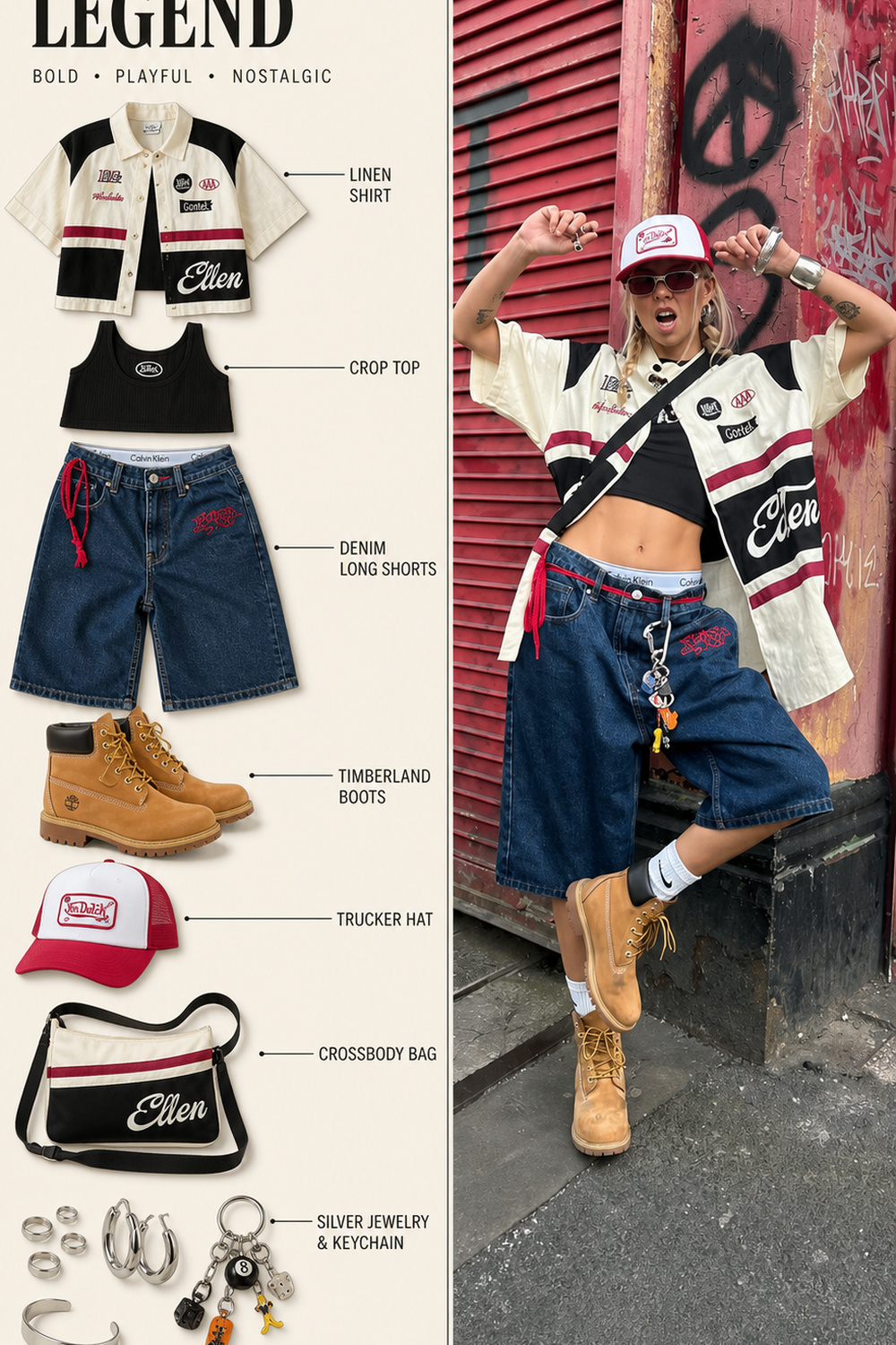 Urban Y2K streetwear outfit infographic Y2K streetwear outfit infographic with trucker cap, racing shirt, crop top, denim long shorts, boots, and crossbody bag | Sky Rye Design Y2K streetwear outfit infographic with trucker cap, racing shirt, crop top, denim long shorts, boots, and crossbody bag