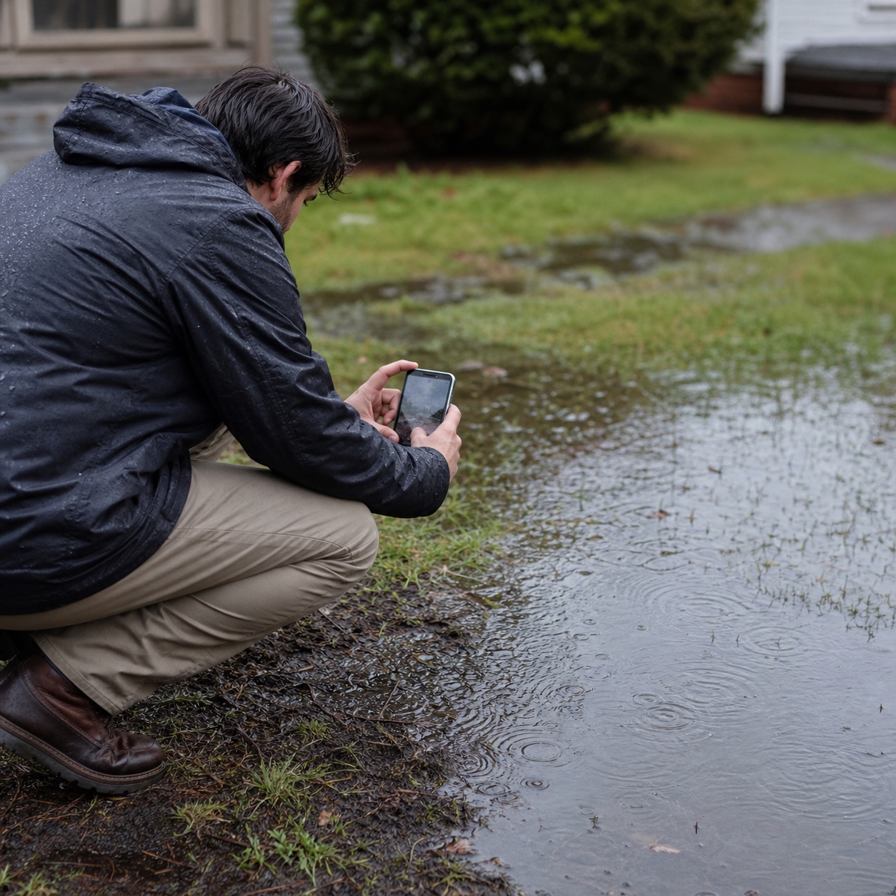 A person photographing pooled rainwater in a yard to study drainage patterns.