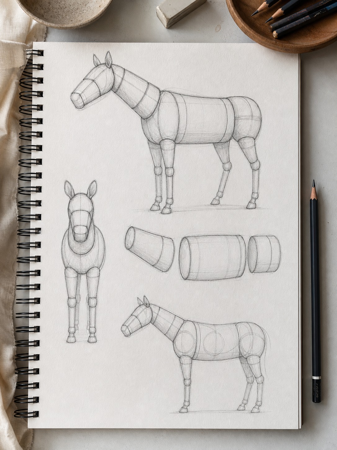 Sketchbook construction diagram breaking a zebra into a barrel torso, tapered neck, and leg cylinders.