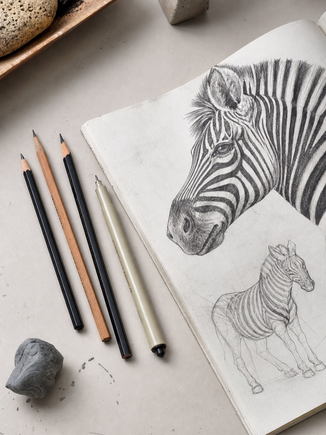 HB pencil, fine liner, 2B pencil, and a sketchbook with a partially finished zebra study.