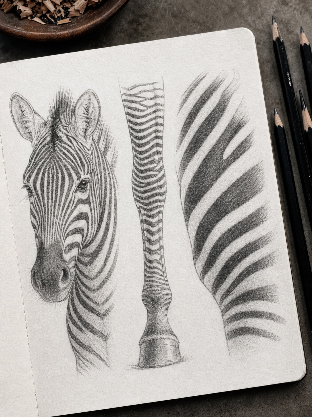 Close sketchbook detail comparing tight zebra face and leg stripes with broader torso stripes.