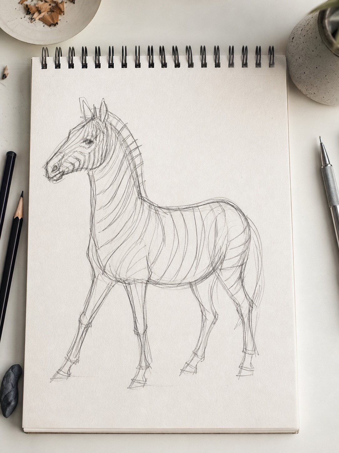Loose zebra gesture sketch showing the long neck, barrel torso, and lean equine proportions.