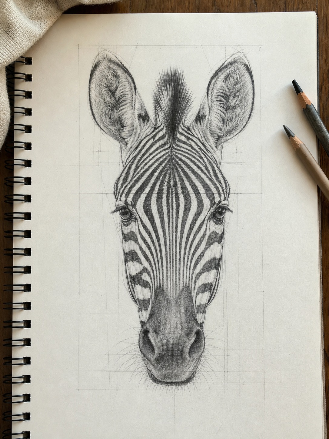 Close sketchbook study of a zebra head with upright ears, large eyes, and an elongated muzzle.