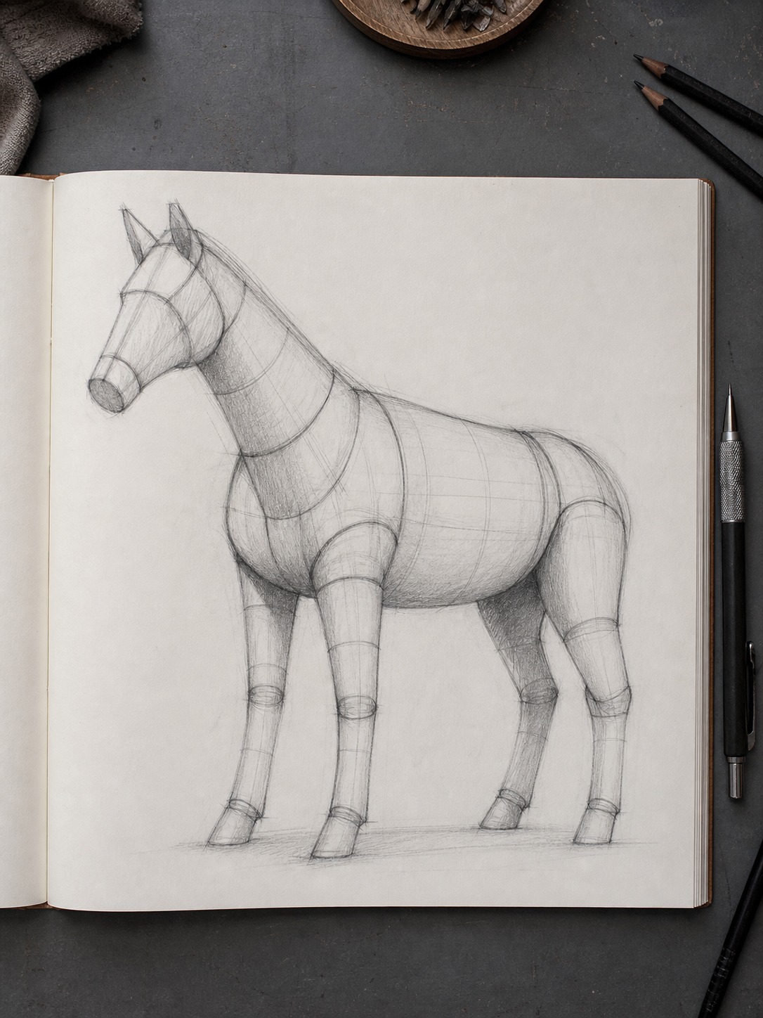 Zebra drawing blocked in with a rounded barrel torso, tapered neck cylinder, and cylindrical legs.