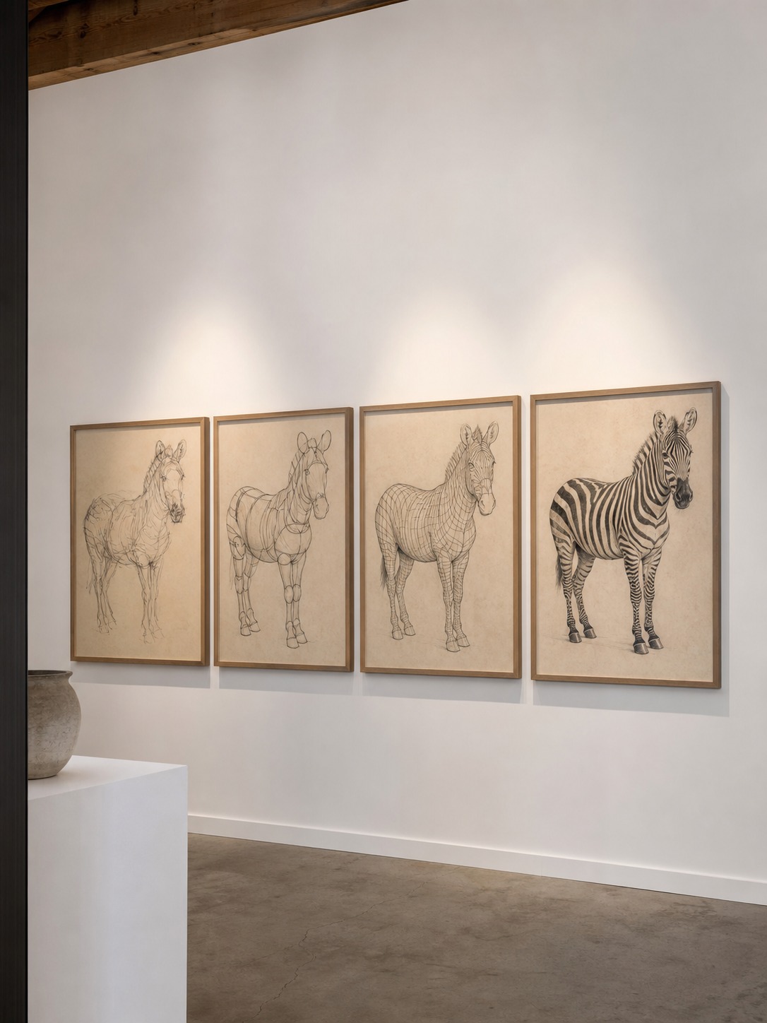 Minimal studio wall displaying framed zebra process studies from gesture sketch to finished stripe rendering.