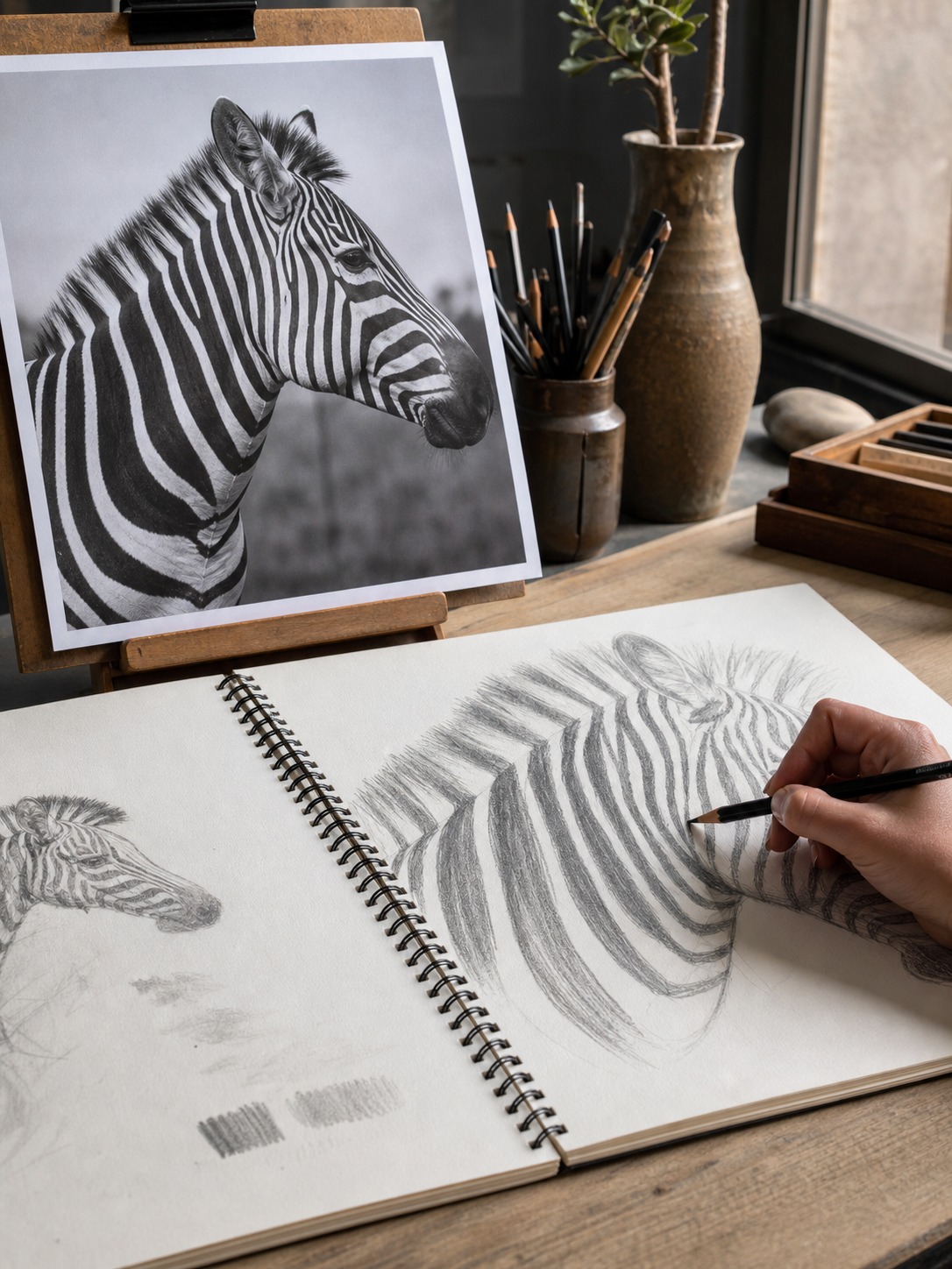 Studio desk with a printed zebra reference photo and a sketchbook study in progress.