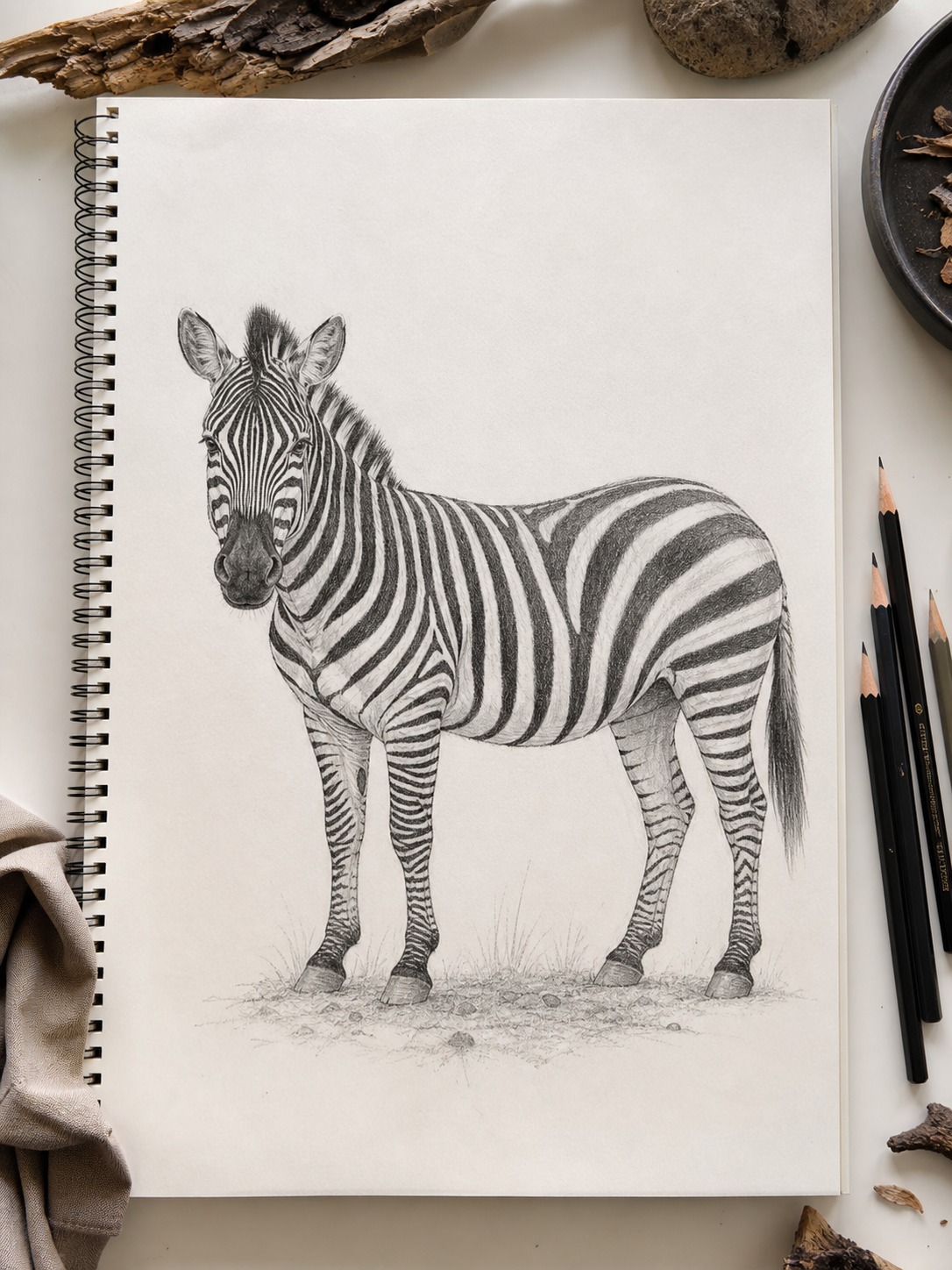 Finished zebra sketch showing narrow face and leg stripes with broader arcing stripes across the torso.