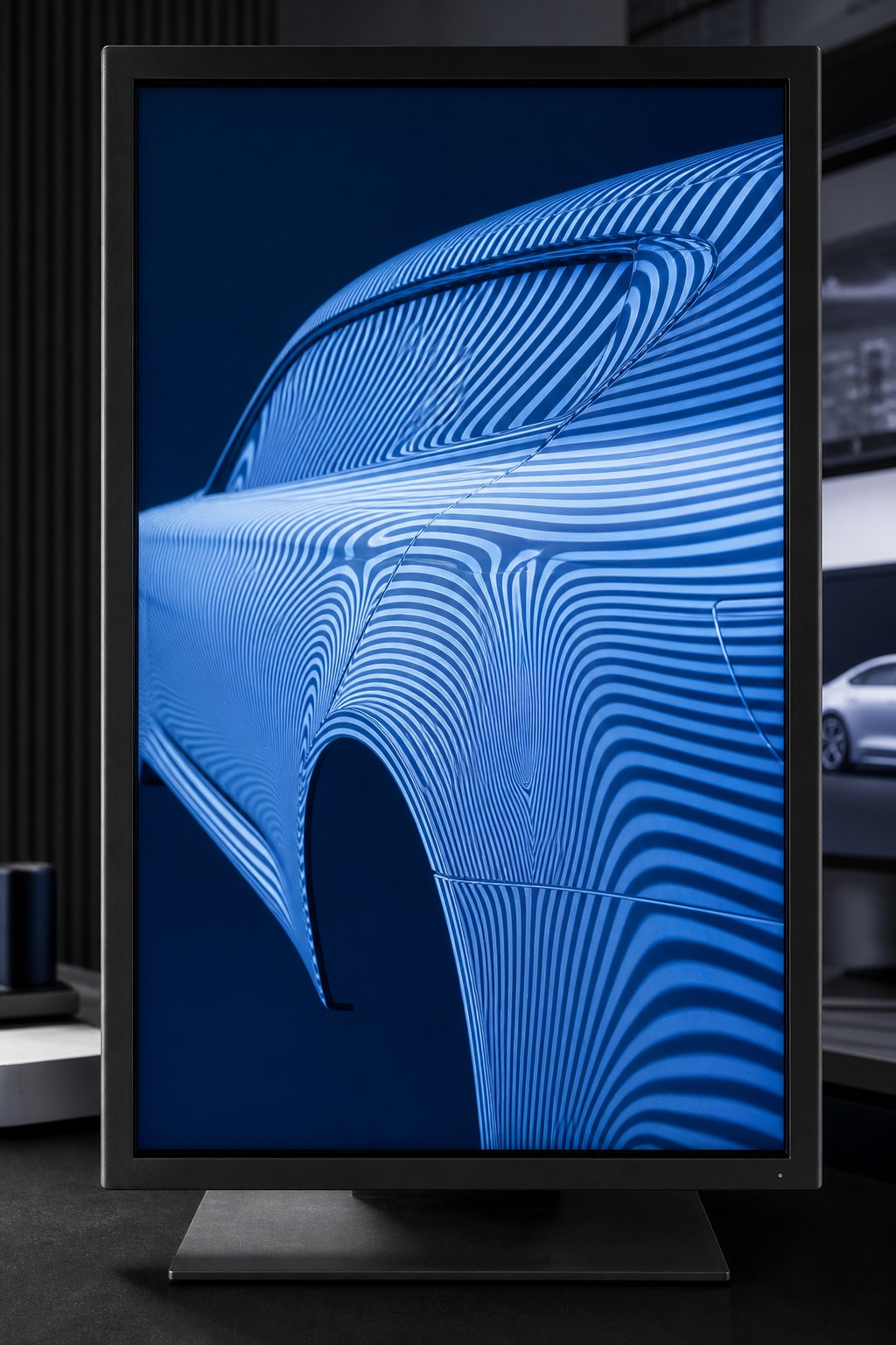 Zebra stripe curvature analysis on car surface A studio monitor showing zebra-stripe curvature analysis across a digital car surface model. | Sky Rye Design A studio monitor showing zebra-stripe curvature analysis across a digital car surface model.