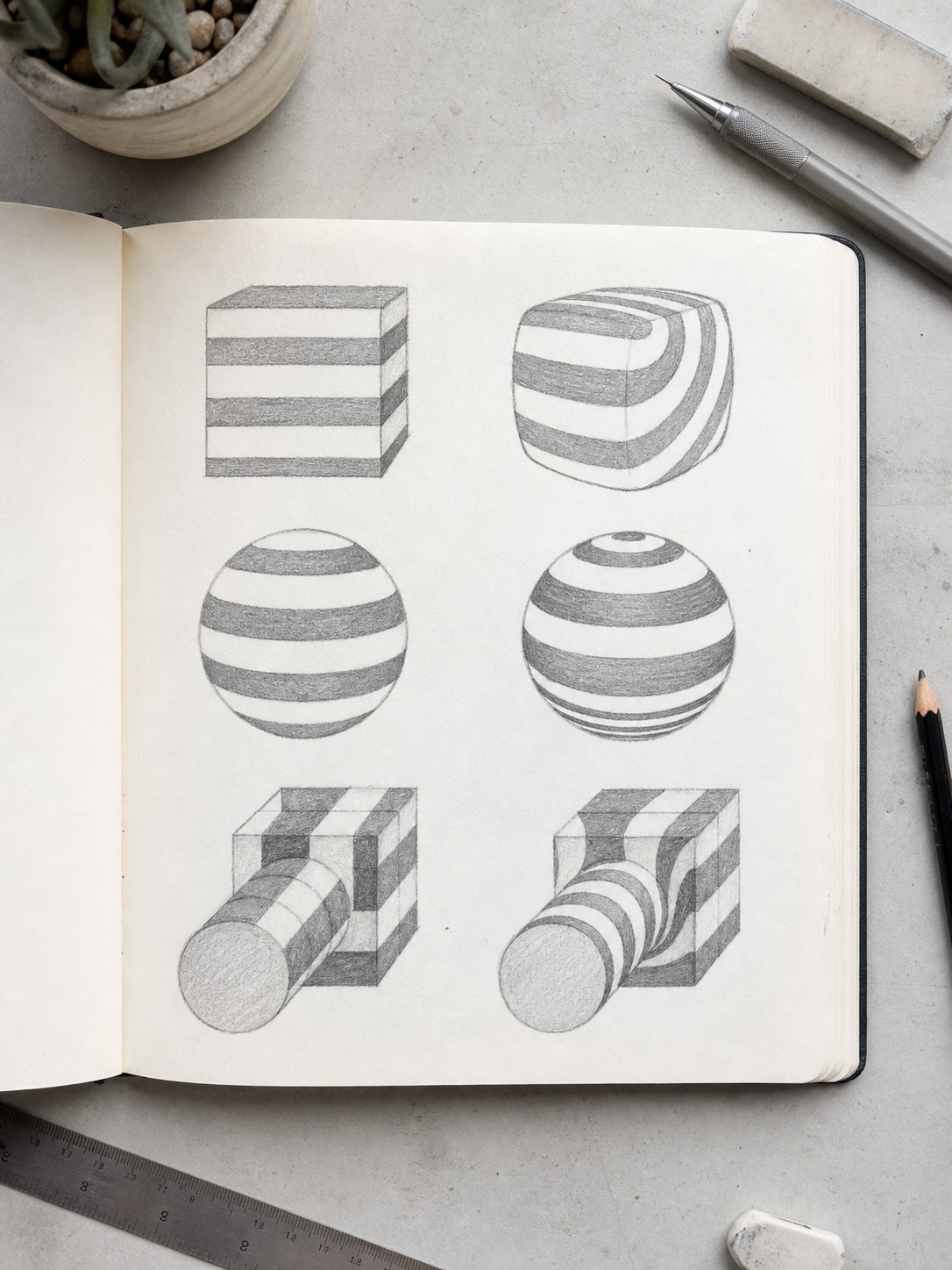 Sketchbook comparison panel showing common zebra stripe mistakes beside corrected cross-contour stripe examples.