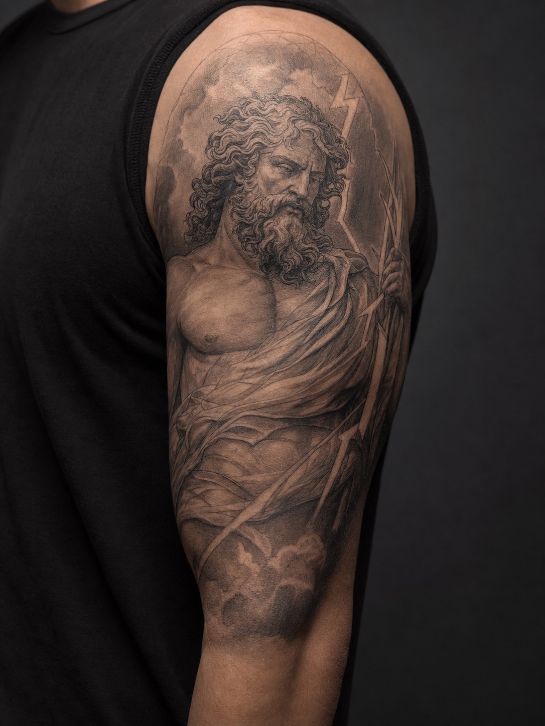 Zeus wet drapery upper arm tattoo Detailed Zeus upper arm tattoo with sculptural drapery and lightning detail. | Sky Rye Design Detailed Zeus upper arm tattoo with sculptural drapery and lightning detail.