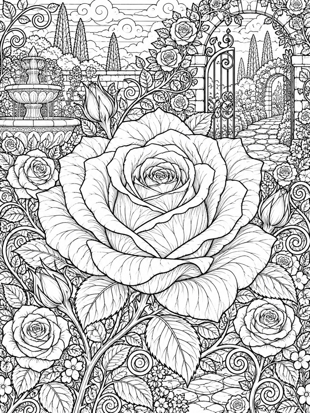A layered rose with fine petal veins Adult coloring page of a layered rose with fine petal veins | Sky Rye Design Adult coloring page of a layered rose with fine petal veins