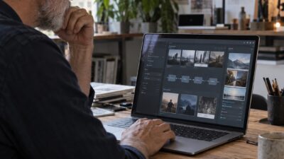 Designer guiding an AI-assisted creative workflow on a laptop