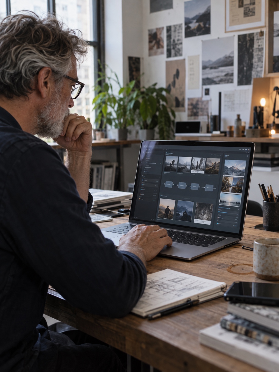 AI agents in a creative workflow Designer guiding an AI-assisted creative workflow on a laptop | Sky Rye Design Designer guiding an AI-assisted creative workflow on a laptop