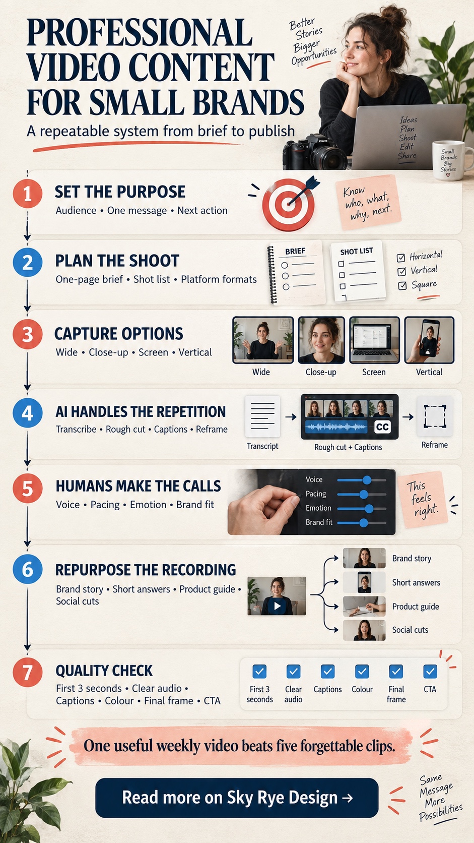 Professional Video Content System for Small Brands Infographic showing a seven-step professional video content workflow for small brands | Sky Rye Design Infographic showing a seven-step professional video content workflow for small brands