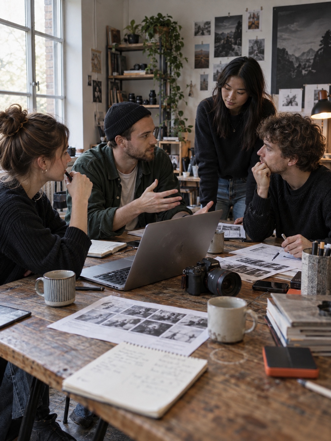 Small brand video planning session Four people collaborate around a laptop on a cluttered wooden table in a bright studio, reviewing photographs. | Sky Rye Design Small creative team planning a video campaign around a studio table