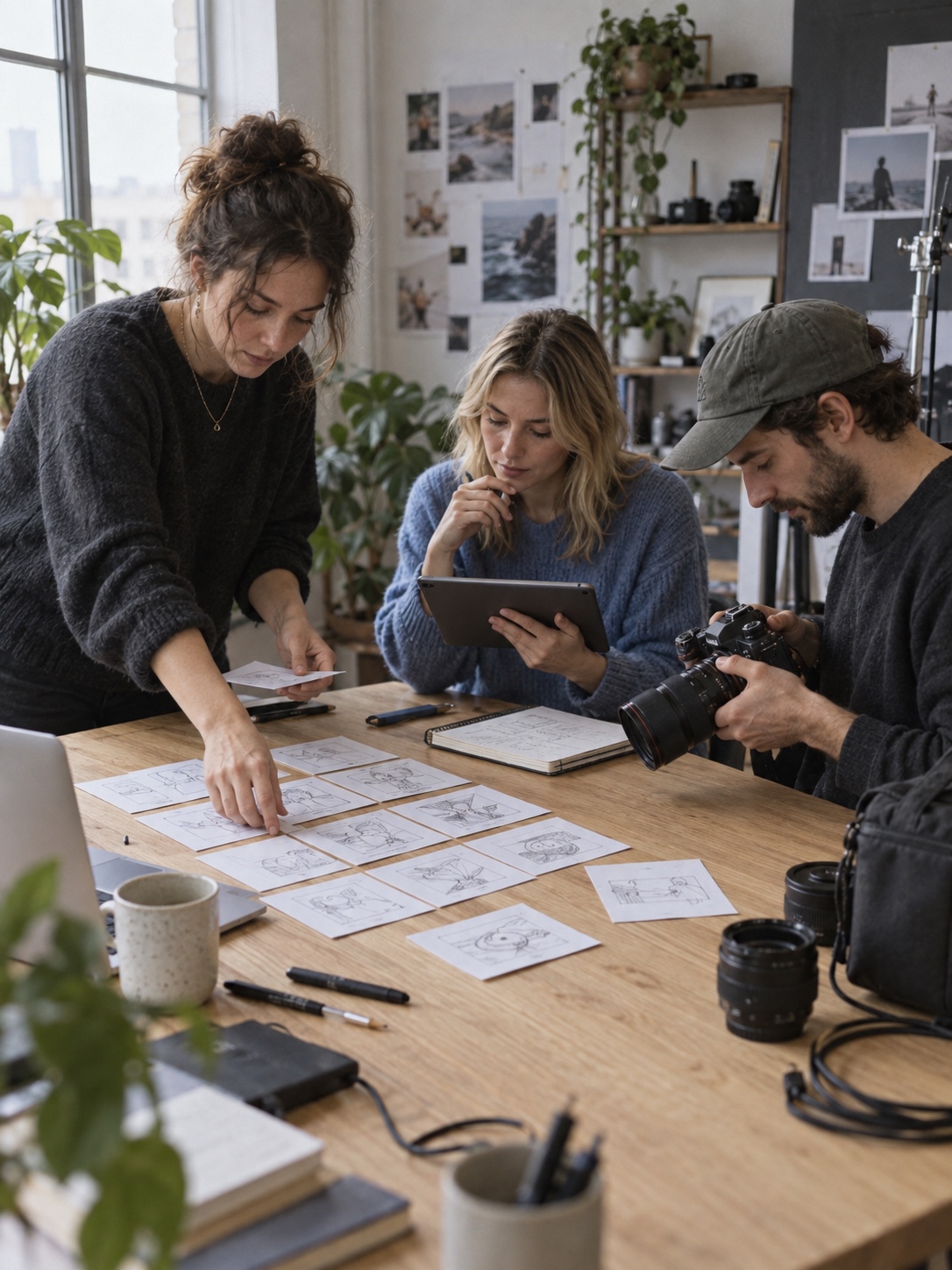 Social media video workflow planning Marketing team planning a social media video workflow in a creative studio | Sky Rye Design Marketing team planning a social media video workflow in a creative studio