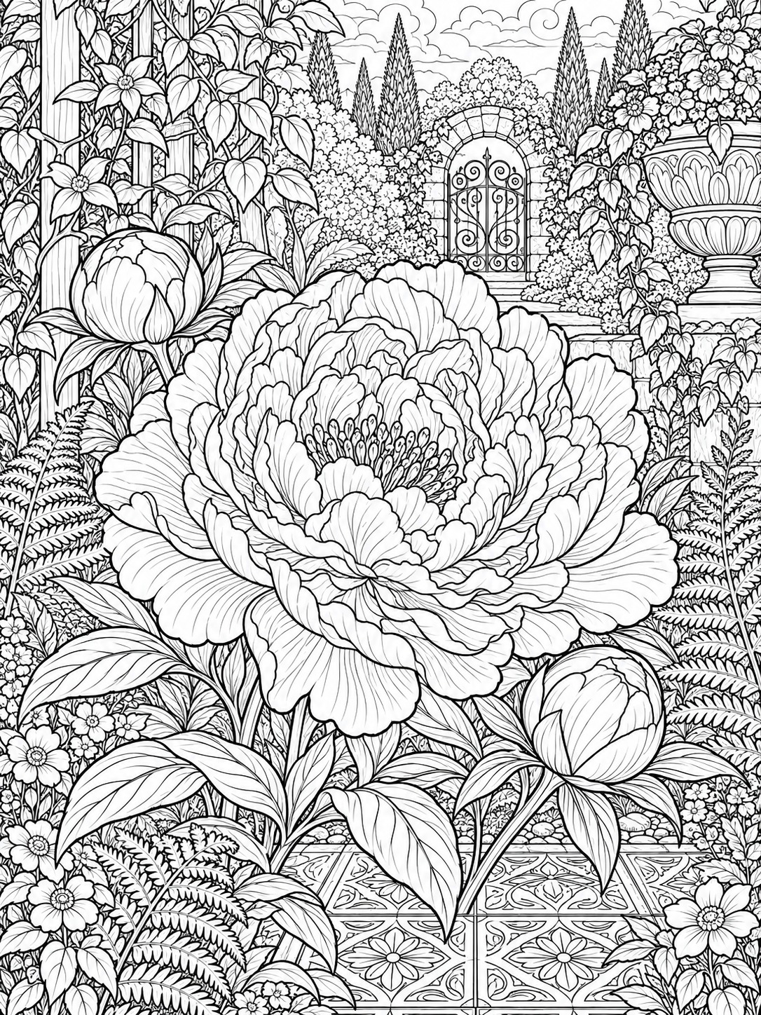 Detailed peony adult coloring page with ruffled petals Detailed peony adult coloring page with ruffled petals | Sky Rye Design Detailed peony adult coloring page with ruffled petals