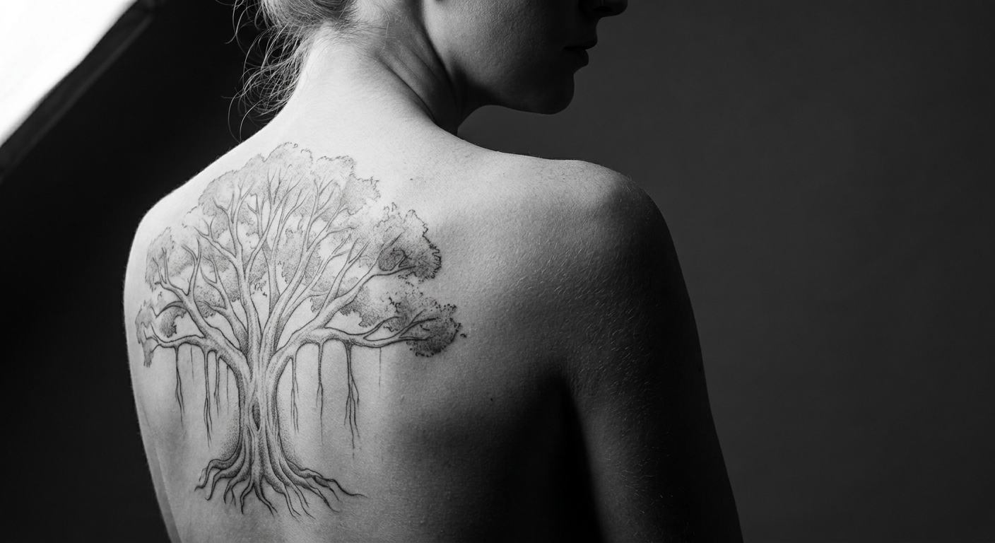 Banyan tree tattoo across upper back Banyan tree tattoo with aerial roots across upper back | Sky Rye Design Banyan tree tattoo with aerial roots across upper back