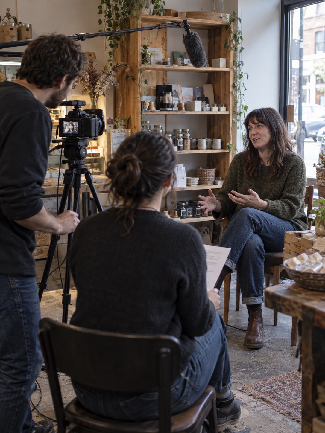 Small-team customer interview setup Two-person video crew filming a customer interview inside a small shop | Sky Rye Design Two-person video crew filming a customer interview inside a small shop