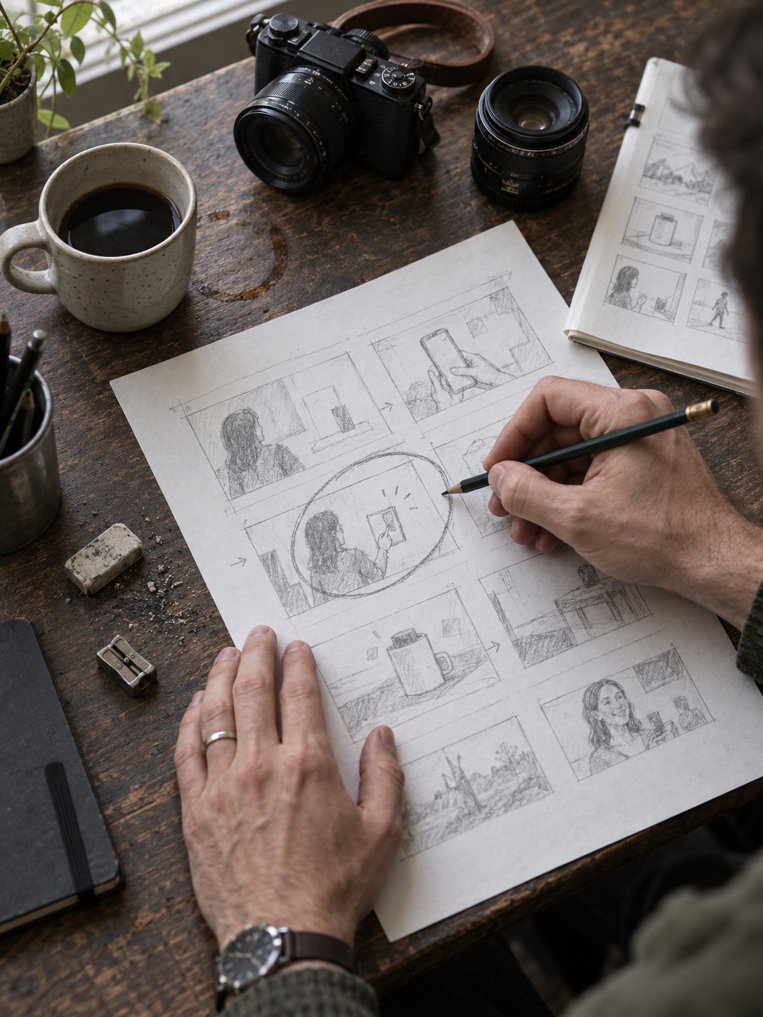 Video objective and storyboard Creative director reviewing a storyboard and defining the purpose of a brand video | Sky Rye Design Creative director reviewing a storyboard and defining the purpose of a brand video