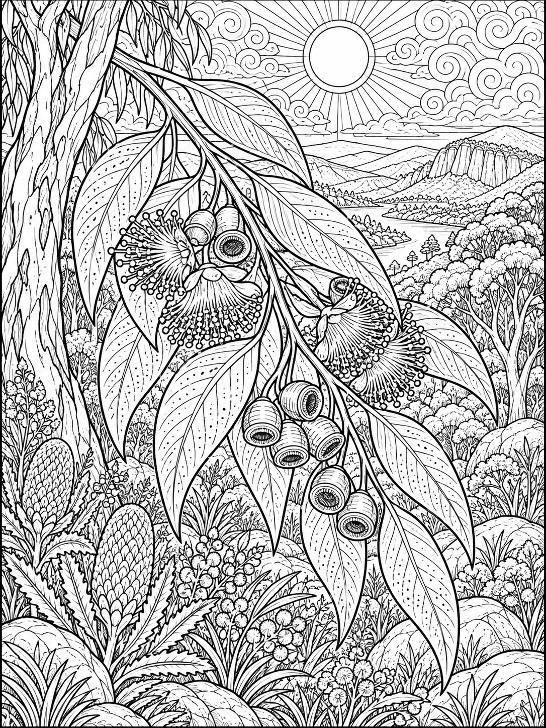 Eucalyptus branch adult coloring page with rounded textured leaves Close-up of a branch with large oval leaves and hanging seed pods, set against a dense forest and distant hills under a bright sun. | Sky Rye Design Eucalyptus branch adult coloring page with rounded textured leaves