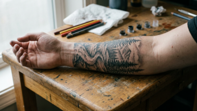 Pine forest tattoo with winding path on forearm in black and grey