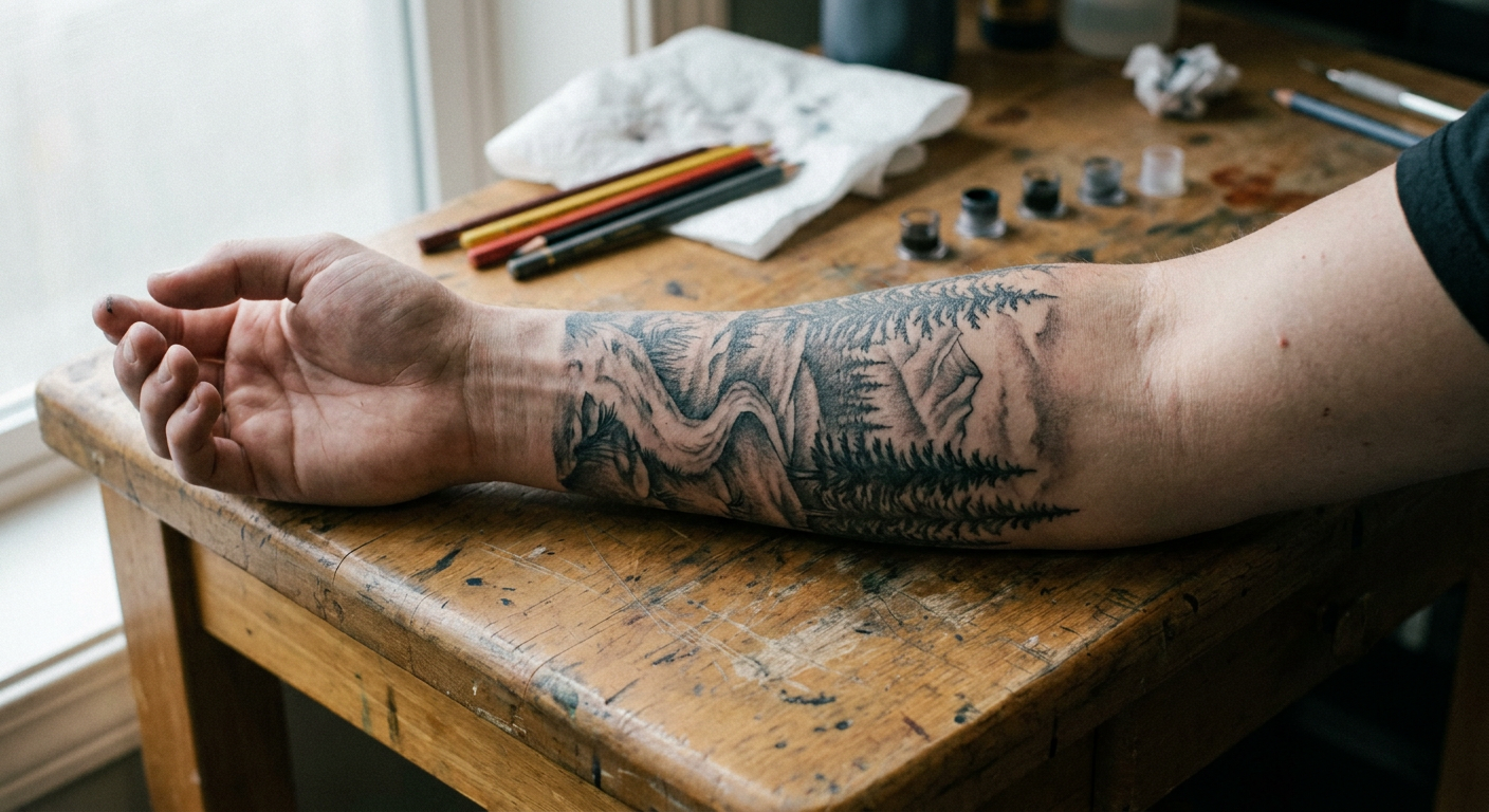 Pine forest tattoo on forearm Pine forest tattoo with winding path on forearm in black and grey | Sky Rye Design Pine forest tattoo with winding path on forearm in black and grey