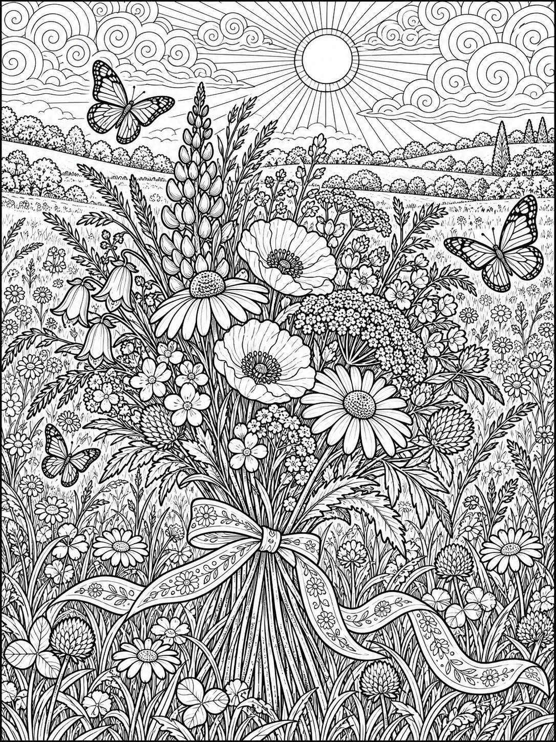 Loose wildflower bouquet coloring page with layered petals and stems Intricate bouquet of daisies and wildflowers tied with a bow in a meadow, with butterflies and a bright sun in the sky. | Sky Rye Design Loose wildflower bouquet coloring page with layered petals and stems