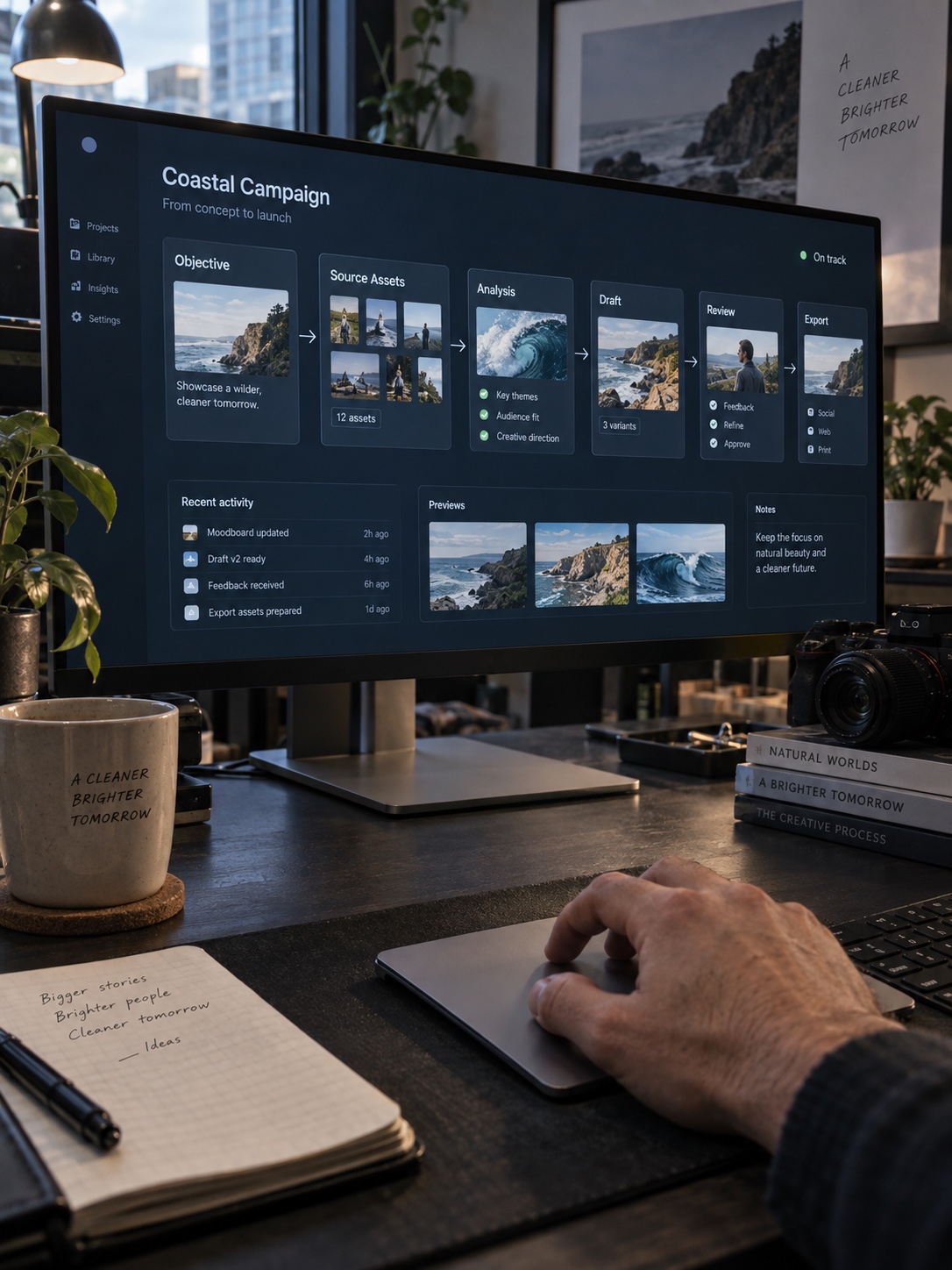 AI agent workflow from objective to export AI workflow interface connecting a project brief, assets, draft, review, and export | Sky Rye Design AI workflow interface connecting a project brief, assets, draft, review, and export