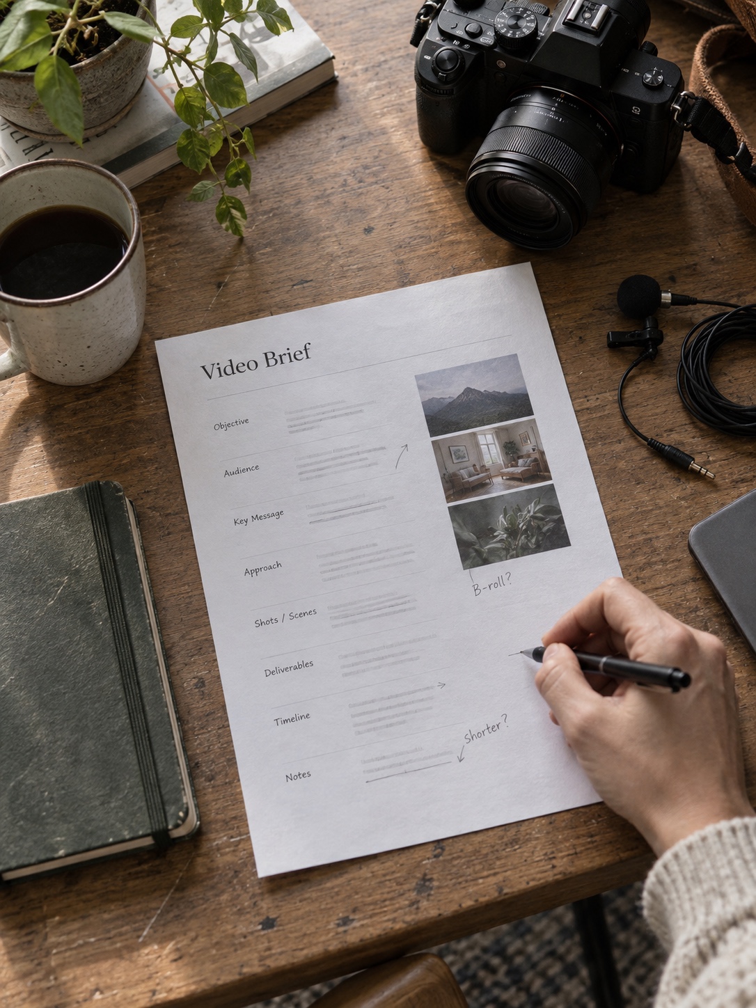One-page video production brief One-page video brief beside a camera, notebook, and lavalier microphone | Sky Rye Design One-page video brief beside a camera, notebook, and lavalier microphone