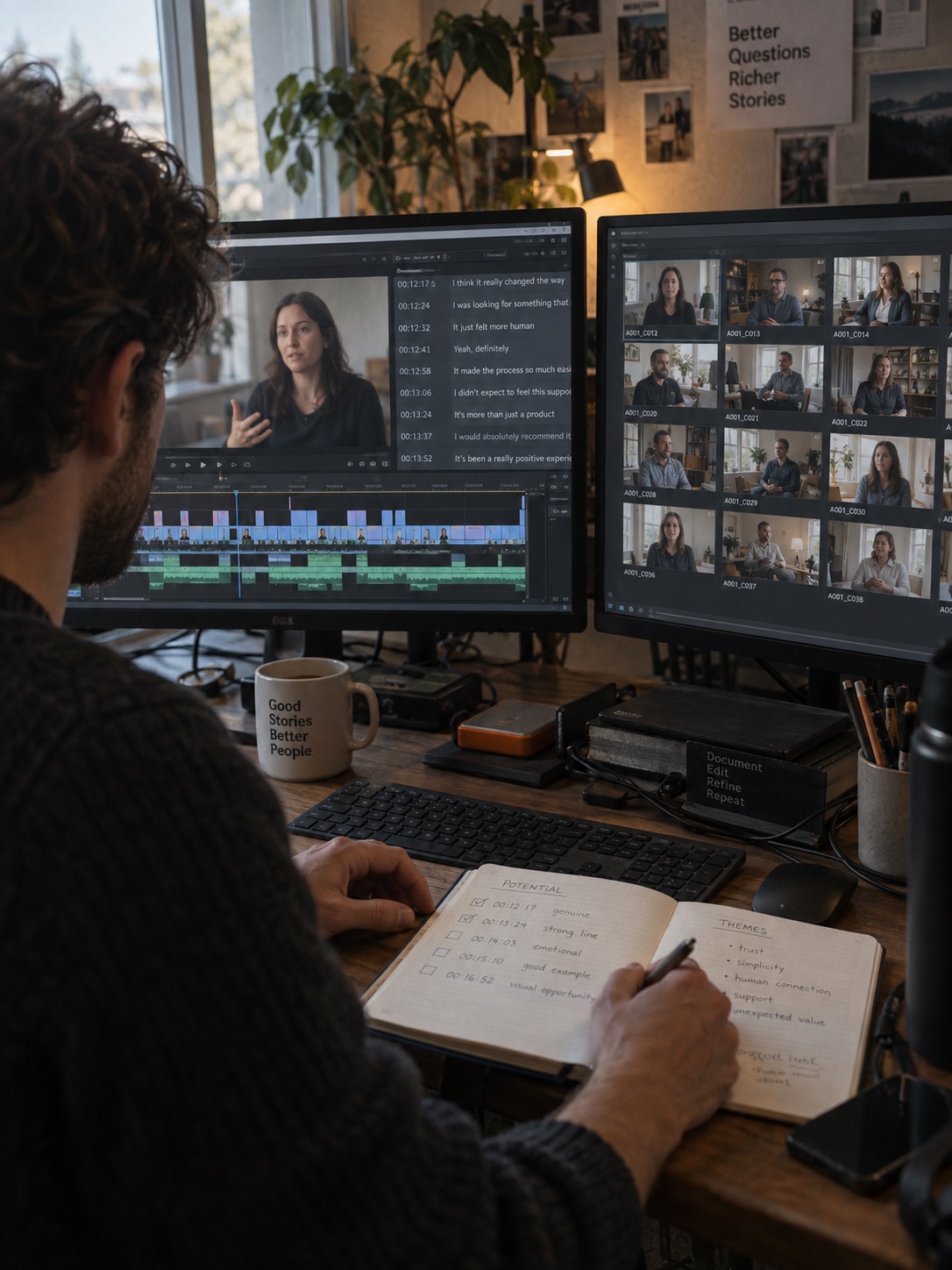 AI-assisted footage review Video editor reviewing interview footage with AI-assisted selects | Sky Rye Design Video editor reviewing interview footage with AI-assisted selects