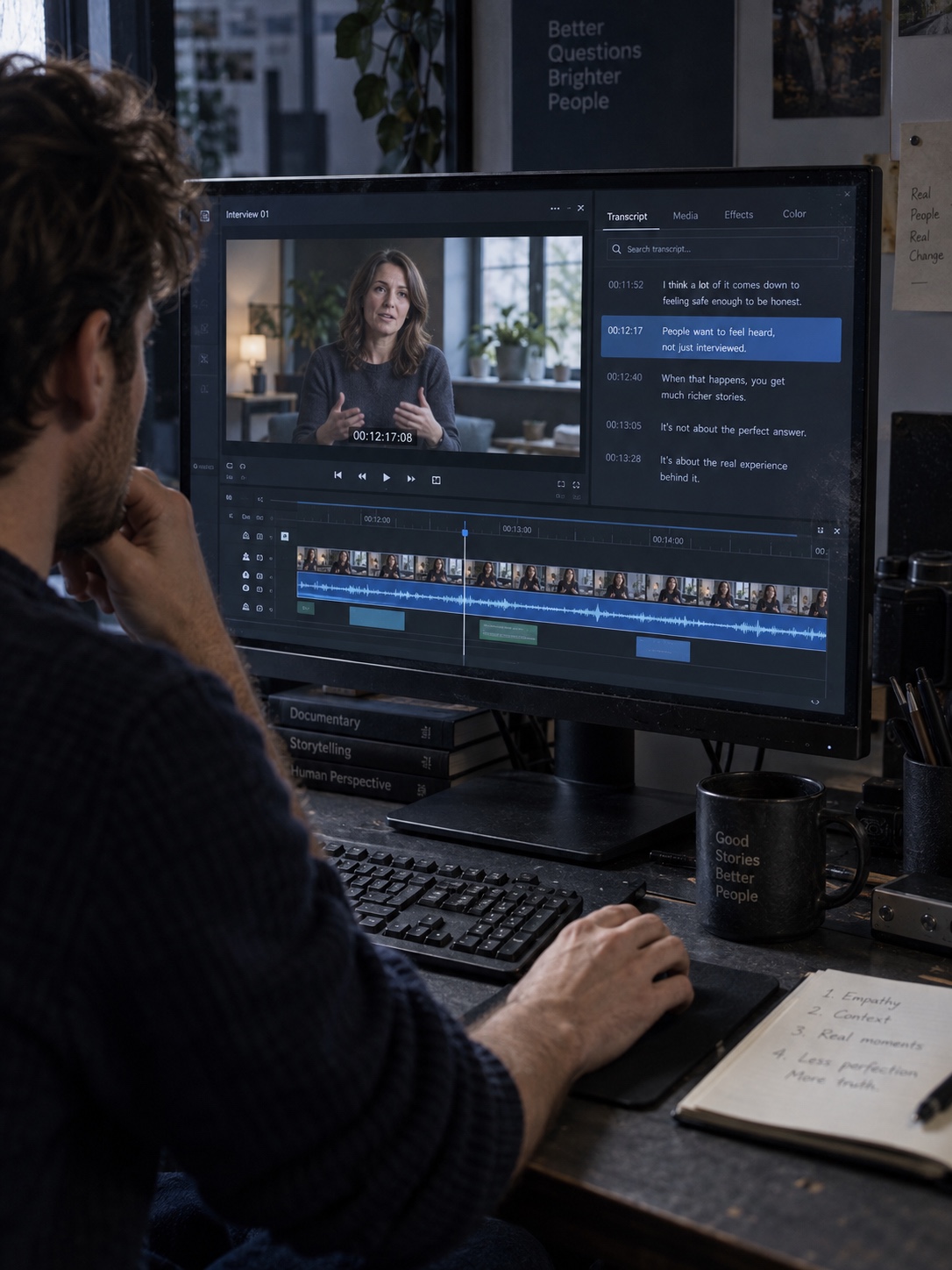 AI-assisted transcript editing workflow Video editor reviewing interview footage with an AI-assisted transcript | Sky Rye Design Video editor reviewing interview footage with an AI-assisted transcript