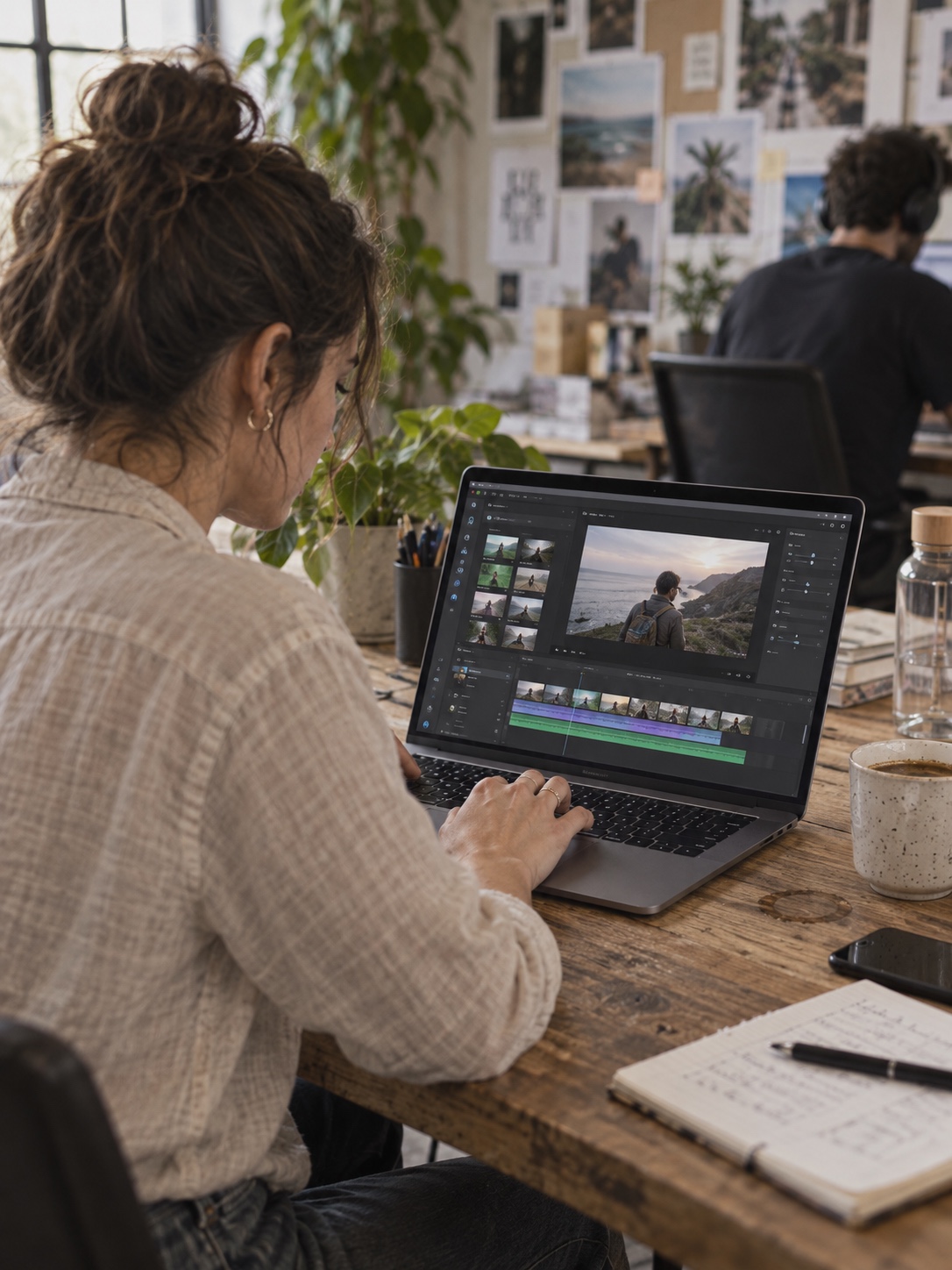 Browser-based video editing Marketer editing a brand video in a browser-based workspace on a laptop | Sky Rye Design Marketer editing a brand video in a browser-based workspace on a laptop