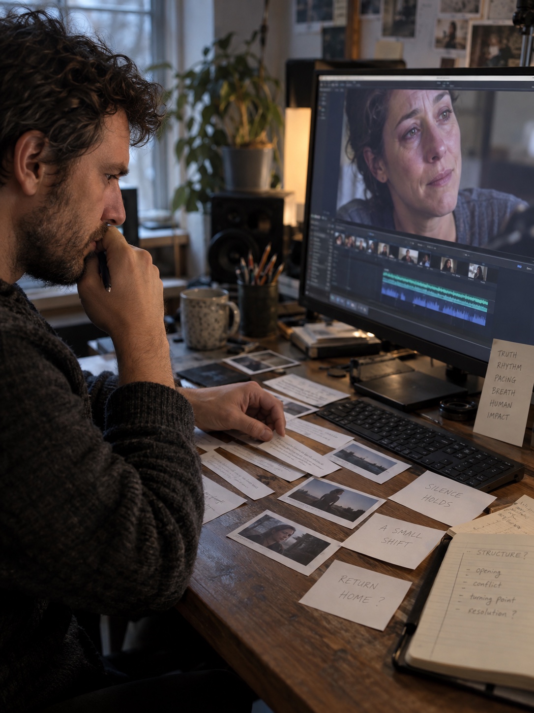 Human editor shaping the story Editor building an emotional customer interview story from prepared selects | Sky Rye Design Editor building an emotional customer interview story from prepared selects