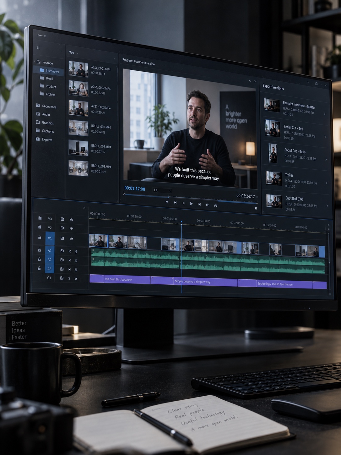 Organized video editing interface Video editing interface with organized clips, captions, and export versions | Sky Rye Design Video editing interface with organized clips, captions, and export versions