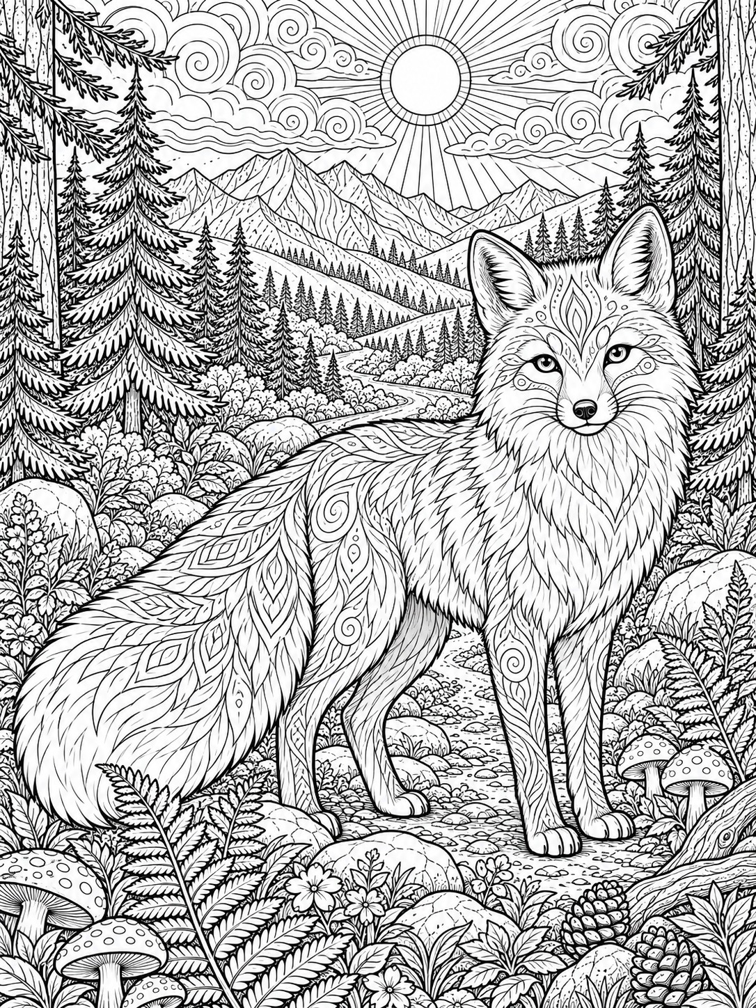 Fox adult coloring page with detailed fur and facial markings Fox adult coloring page with detailed fur and facial markings | Sky Rye Design Fox adult coloring page with detailed fur and facial markings