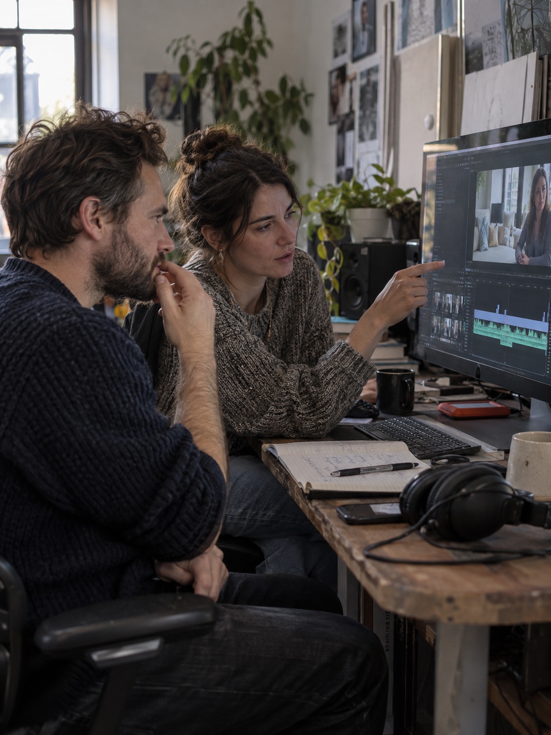 Founder and editor reviewing footage Founder and video editor choosing an interview moment together | Sky Rye Design Founder and video editor choosing an interview moment together