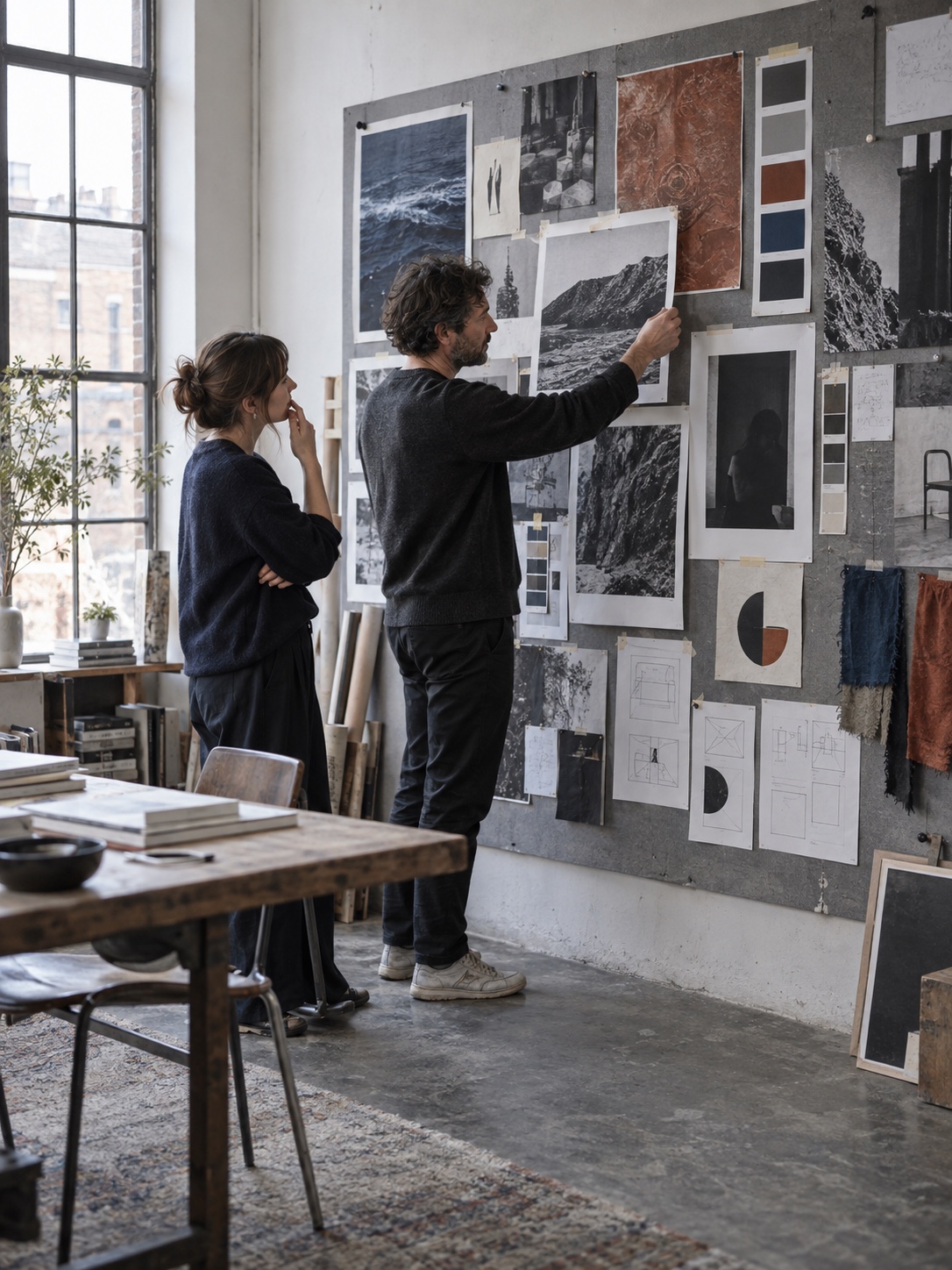 Human creative judgement Creative director comparing visual directions on a physical moodboard | Sky Rye Design Creative director comparing visual directions on a physical moodboard