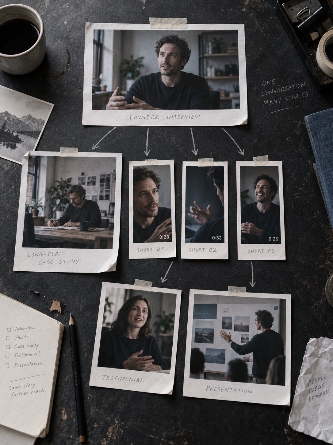 Video content repurposing workflow Founder interview repurposed into long-form, short, testimonial, and presentation videos | Sky Rye Design Founder interview repurposed into long-form, short, testimonial, and presentation videos