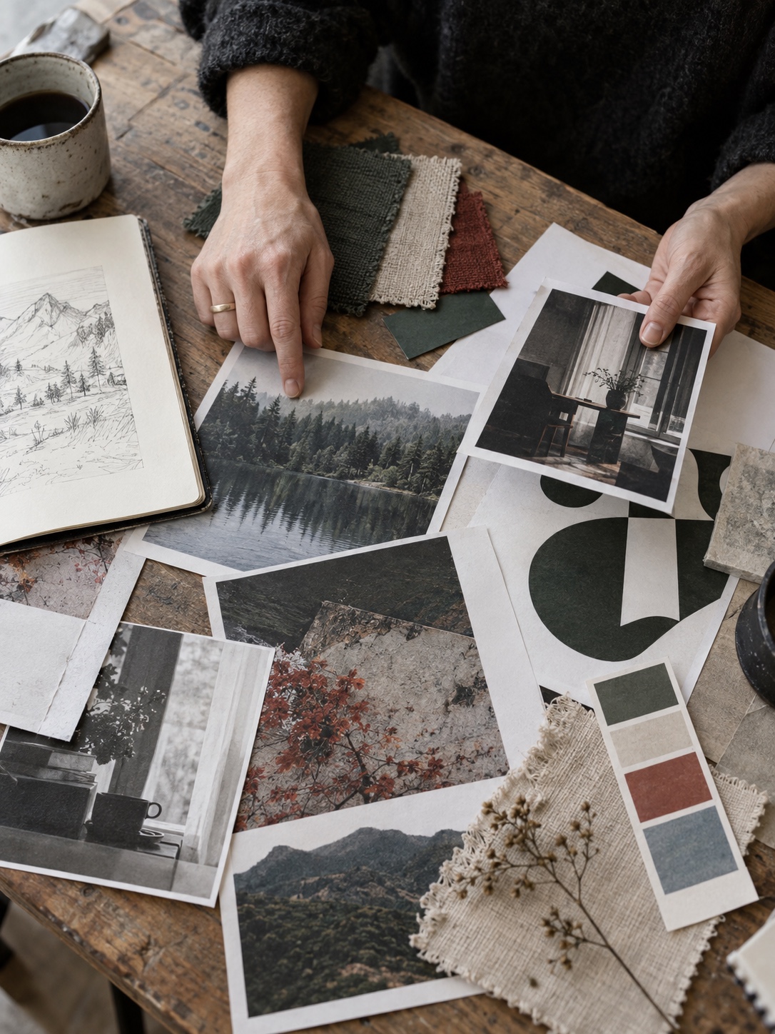 Context and brand emotion Designer comparing printed references, materials, and color samples for brand emotion | Sky Rye Design Designer comparing printed references, materials, and color samples for brand emotion