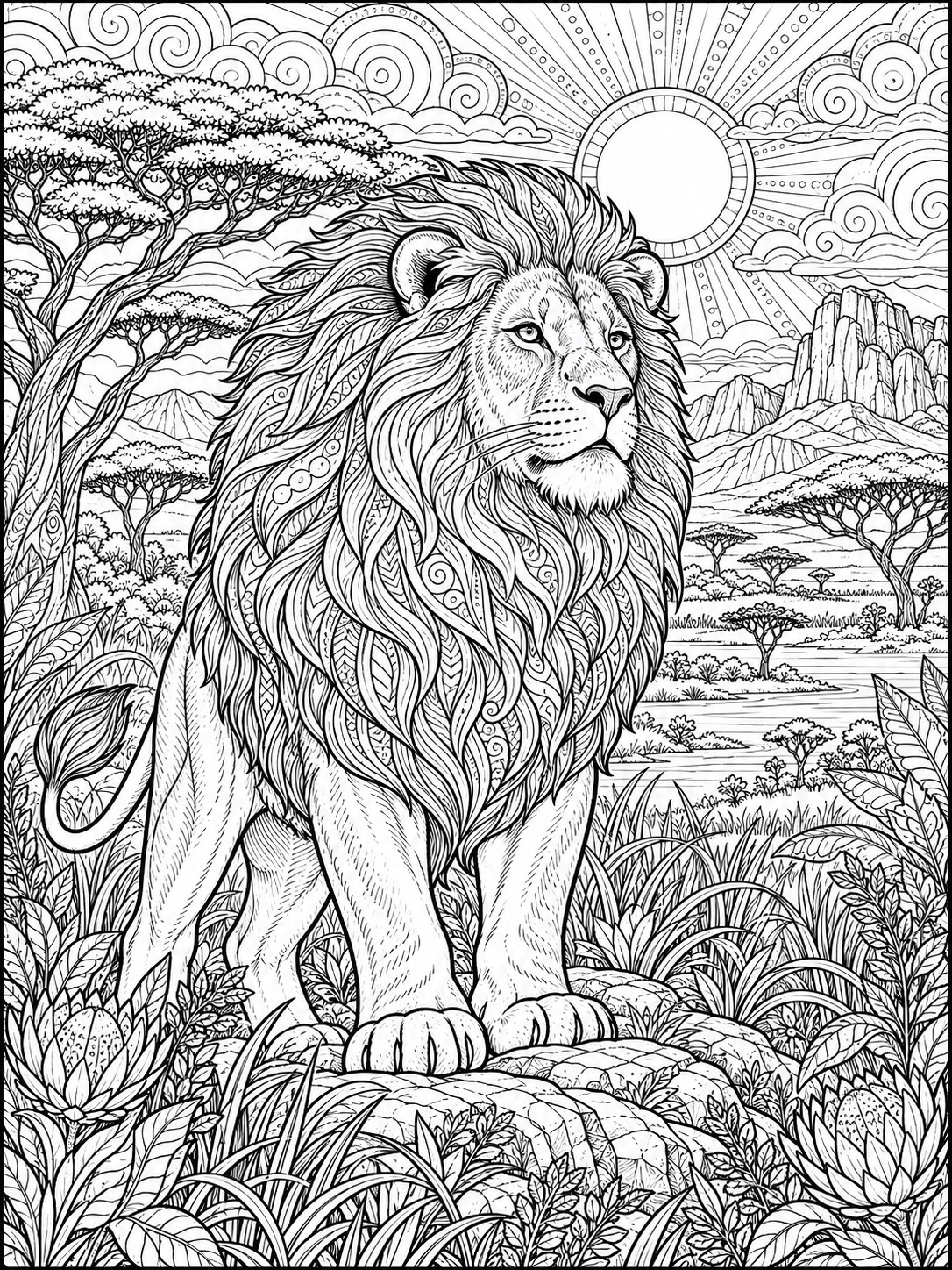 Lion adult coloring page with a richly textured mane Lion adult coloring page with a richly textured mane | Sky Rye Design Lion adult coloring page with a richly textured mane