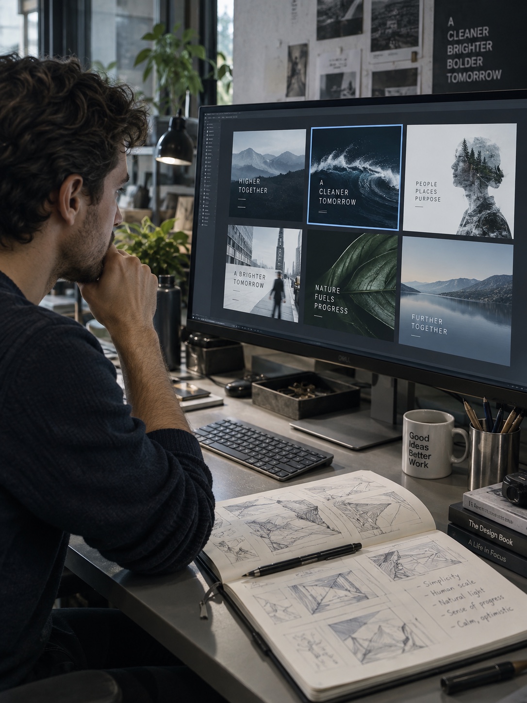 AI-assisted concept collaboration Designer reviewing AI-assisted campaign concepts beside a sketchbook | Sky Rye Design Designer reviewing AI-assisted campaign concepts beside a sketchbook
