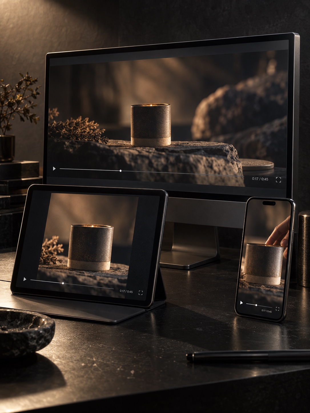 Multi-platform video formats The same product video adapted for desktop, tablet, and vertical phone screens | Sky Rye Design The same product video adapted for desktop, tablet, and vertical phone screens