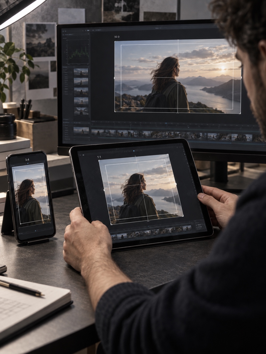 Platform-specific video versions Designer comparing vertical, square, and widescreen versions of one campaign video | Sky Rye Design Designer comparing vertical, square, and widescreen versions of one campaign video